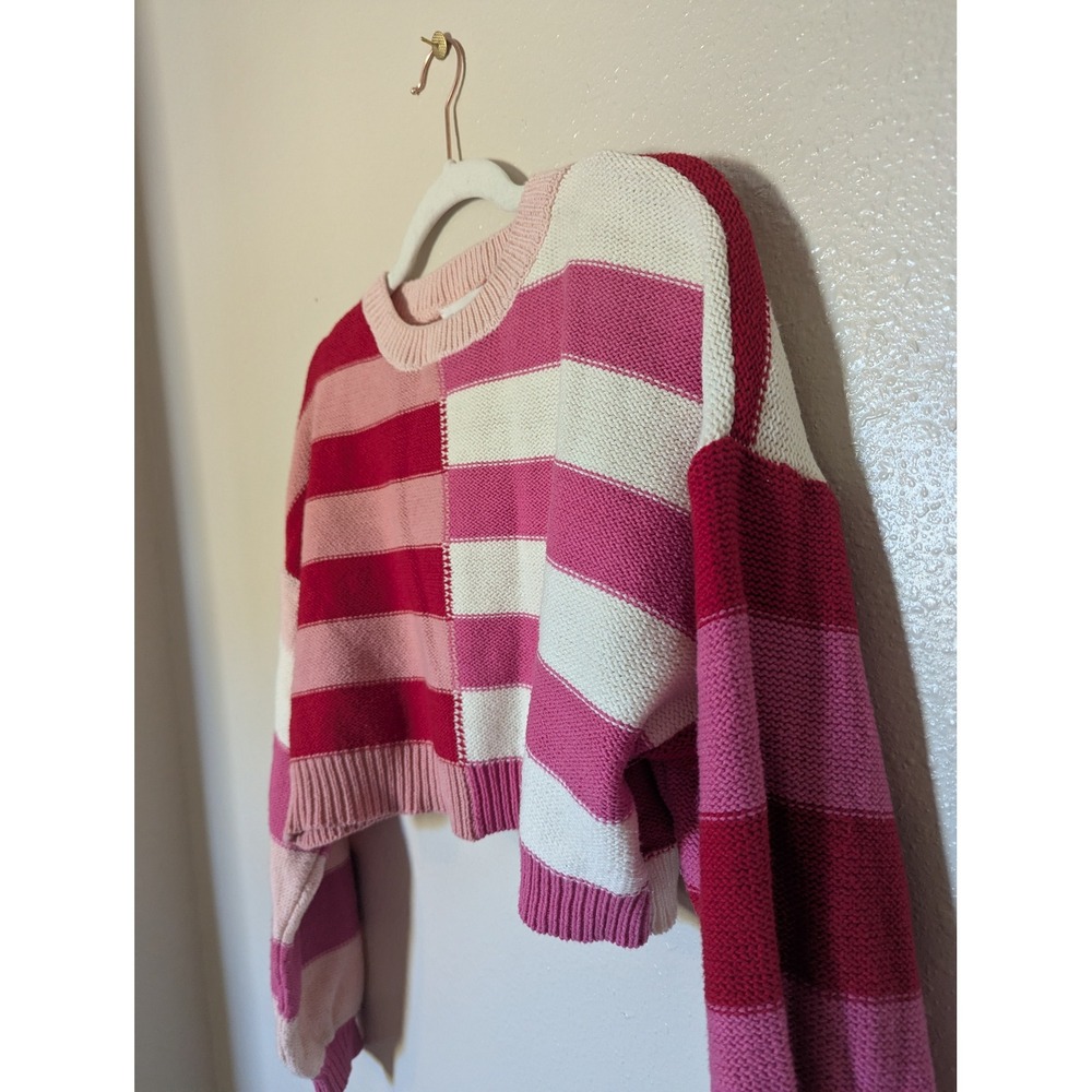 Altar'd State Pink Red Striped Colorblock Cropped Knit Sweater XS